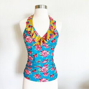 Matilda Jane Tankini Top XS Floral Ruffle Crossover Halter Tie Ruched